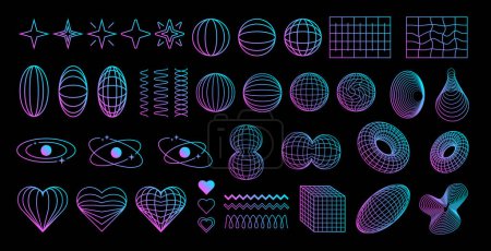 Illustration for Set of gradient retro shapes, elements in Y2K futuristic aesthetics, abstract vector symbols and dimensional wireframes. - Royalty Free Image