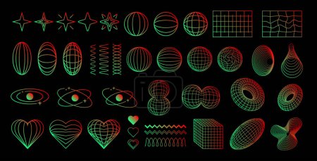 Photo for Set of gradient retro shapes, elements in Y2K futuristic aesthetics, abstract vector symbols and dimensional wireframes. - Royalty Free Image