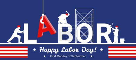 Photo for American Labor Day banner, vector invitation with Workers Day. illustrations of stylized text and builders silhouettes. - Royalty Free Image