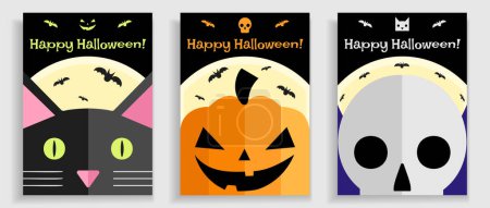 Photo for Three Halloween posters in a flat style with black cat, pumpkin lantern and a skull, Halloween greeting, invitation, vector prints. - Royalty Free Image
