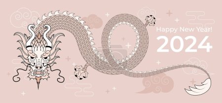 Ilustración de Postal feliz año nuevo 2024 con signo de astrología del zodíaco del dragón, símbolo del año, banner de año nuevo, saludo, invitación, arte vectorial. - Imagen libre de derechos