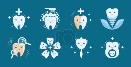 Photo for Set of cartoon teeth icons, dental symbols, cute teeth characters in medical condition and treatment, dentistry for kids and pregnant women, implanting dentistry, cure for teeth. Vector illustration - Royalty Free Image