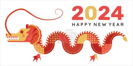 Illustration for Happy New 2024 Year celebration card, graphic postcard with colorful flat dragon, numbers and text. Vector illustration, greeting, invitation, web banner. - Royalty Free Image