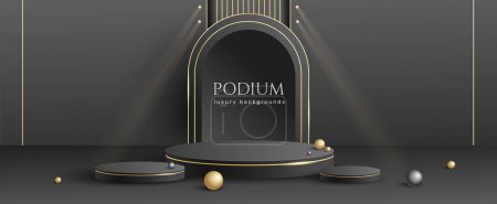 Photo for Set of vector 3D background with black podium. Black, gold with luxury round shape stage. Abstract minimal scene  with glitter decorations for mockup products. - Royalty Free Image