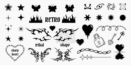 Sammlung trendiger Y2K-Formen, Stammesmuster, vektorisolierter Zeichnungen, geometrischer Symbole in der Ästhetik der 2000er Jahre.