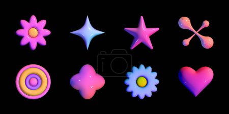 Photo for Set of cute 3d vector shapes, glossy objects, abstract decorative symbols in 2000s aesthetics. - Royalty Free Image