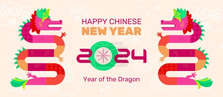 Photo for Chinese New Year postcard with two Asian dragons and text greeting, vector illustration in flat geometrical design. - Royalty Free Image