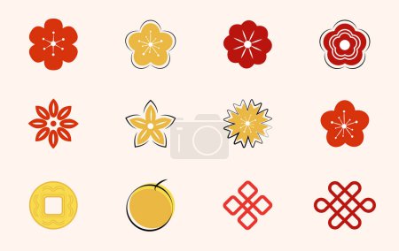 Photo for Set of flat oriental decorations for Asian holiday postcards, banners, arts, vector stamps, stickers and symbols. - Royalty Free Image