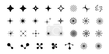Illustration for Set of retro graphic shapes, stars, sparkles, blinks, round tribal stickers, metaballs, y2k symbols, vector black badges. - Royalty Free Image