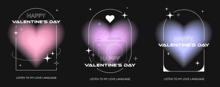 Photo for Three y2k abstract picture frames with glowing blurred hearts on the background, vector illustration, Valentine's Day holiday decoration in retro style. - Royalty Free Image