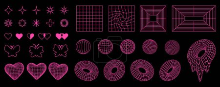 Ilustración de Retro Y2K formas y wireframes 3d, rejillas, formas geométricas, elementos de diseño loco neón rosa en estilo estético 2000. - Imagen libre de derechos