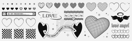 Ilustración de Conjunto de moda San Valentín Y2K formas gráficas, corazones y estrellas símbolos, marcos, tableros de ajedrez, 3d corazón y puertas. Arte vectorial. - Imagen libre de derechos