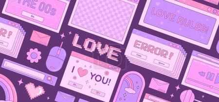Photo for Valentine's Day Y2K banner with retro computer desktop windows, rainbow, lollipops, flowers and pixel heart symbols. Vector illustration. - Royalty Free Image