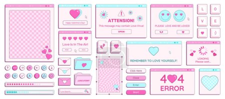 Photo for Set of Y2K Valentine Day retro computer windows, buttons, messages and other romantic interface elements with cheering phrases. Vector illustration. - Royalty Free Image