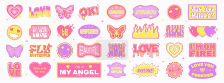 Photo for Big set of trendy stickers and badges in retro Y2K aesthetics, Valentine's Day cheering labels with short phrases, vector illustration. - Royalty Free Image