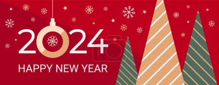 Photo for 2024 New Year banner, greeting, party invitation, graphic template with flat fir tree, text greeting, stars and snowflakes decorations. Holiday background vector illustration. - Royalty Free Image