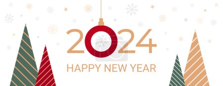 Photo for 2024 New Year white banner, greeting, party invitation, graphic template with flat fir trees, text greeting, stars and snowflakes decorations. Holiday background vector illustration. - Royalty Free Image