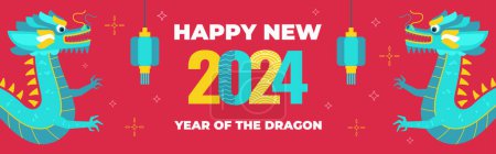 Photo for Chinese New Year banner with two Dragons, lunar astrology signs, symbol of the 2024 year, oriental New Year celebration poster in a flat graphics, vector illustration. - Royalty Free Image