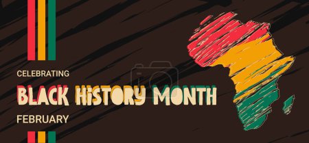 Photo for Black History Month banner with map of Africa, bright ribbon in African flag colors and text greeting on a dark grunge background. Vector illustration. - Royalty Free Image