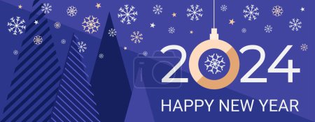 2024 Banner de Año Nuevo, saludo, invitación a la fiesta, plantilla gráfica con abeto plano, saludo de texto, estrellas y decoraciones de copos de nieve. Ilustración vectorial fondo vacaciones.