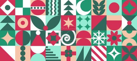 Photo for Modern bauhaus Christmas pattern, background with graphic tiles with abstract drawings of symbols of the holiday, fir tree, gifts, hat, star, moon, basic geometric shapes. Vector illustration. - Royalty Free Image