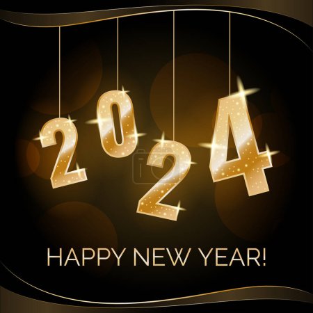 Photo for 2024 New Year square postcard with hanging glossy golden numbers and text greeting, wavy lines and glitter on the background. Vector illustration. - Royalty Free Image