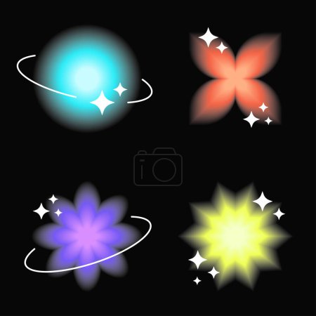 Set of glowing symbols and shapes in white frames with blinks, retro Y2K graphic design elements and stickers. Vector illustration.