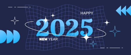 Téléchargez les photos : Nouvelle carte postale 2025 ans dans une esthétique rétro y2k, bannière de fête, salutation, invitation, art vectoriel avec des formes graphiques, cadres et étoiles. - en image libre de droit