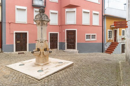 Foto de Stone pillory and fountain with old buildings in a square at Penacova, Portugal - Imagen libre de derechos