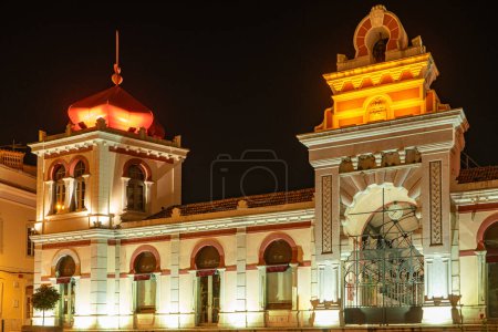 Photo for The markethall in the old town of Loule at night. Algarve, Portugal. - Royalty Free Image
