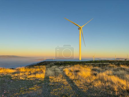 Lansdcape with wind turbines. Renewable energy on the middle of Serra da Freita Arouca Geopark, in center of Portugal