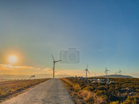 Lansdcape with wind turbines. Renewable energy on the middle of Serra da Arada Arouca Geopark, in center of Portugal