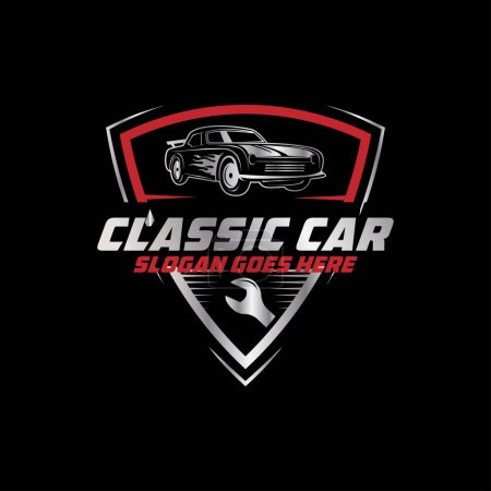 Ilustración de Classic Car repair Logo shield, plantilla de logotipo de modificación automotriz con estilo rústico, vintage y retro - Imagen libre de derechos