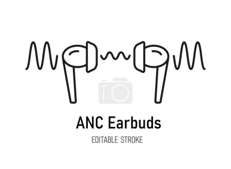 ANC earbuds. In-ear wireless headphones with active noise cancellation. Hearing protection. Vector line icon. Editable stroke. Symbol of anti-noise ear buds. Bluetooth earphones. Isolated object
