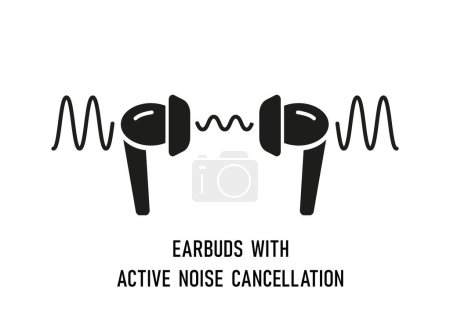 ANC earbuds. In-ear wireless headphones with active noise cancellation. Hearing protection. Vector flat silhouette icon. Anti-noise ear buds. Bluetooth earphones. Isolated object
