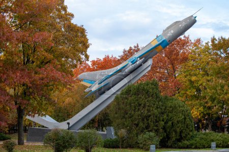 Photo for Cherkasy, Ukraine - October 20, 2022: The Sukhoi Su-7 is a swept wing, supersonic fighter aircraft developed by the Soviet Union in 1955. Stayed in Cherkasy as a monument - Royalty Free Image
