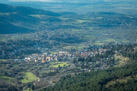 Aerial view of the town of Cercedilla in the community of Madrid. Sierra de Guadarrama National Park, Spain
