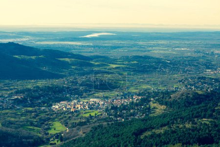 Aerial view of the town of Cercedilla in the community of Madrid. Sierra de Guadarrama National Park, Spain