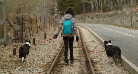 Woman with two dogs walking along the train tracks at the Camorritos station in Cercedilla, Madrid. Spain
