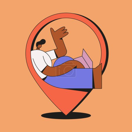 Illustration for Digital nomad. A freelancer who works on a computer remotely who sits at the location sign on the map. Remote work Freelancing at a distance. - Royalty Free Image