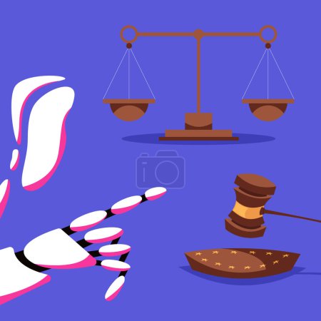 Illustration for The ethics of artificial intelligence. The court is judged by artificial intelligence. Ethics of AI use. The robot points to the scales as a sign of global justice and AI control. - Royalty Free Image