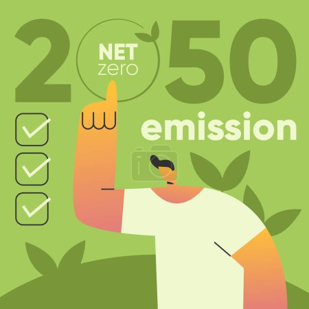 Ilustración de Plan de acción para el clima 2050. Cero emisiones de CO2. El tipo rodeado de hojas apunta a la señal del año 2050. Casillas de verificación para la aplicación del plan. Generación de energía limpia. Ilustración - Imagen libre de derechos