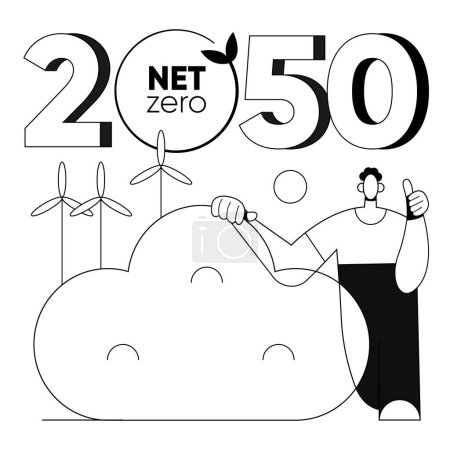Ilustración de Plan de acción para el clima 2050. Cero emisiones de CO2. Un hombre se apoya sobre una nube sobre el fondo de los molinos de viento para generar energía limpia. Ilustración lineal para la web. - Imagen libre de derechos