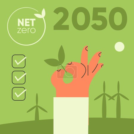 Téléchargez les illustrations : Plan d'action pour le climat 2050. Zéro émission de CO2. La main d'un homme tient les feuilles d'une plante sur le fond des moulins à vent pour produire de l'énergie propre. Illustration pour le web et les applications. - en licence libre de droit