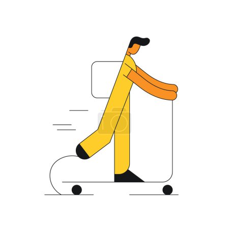 Téléchargez les illustrations : Des prothèses. Un homme avec une prothèse sur la jambe travaille dans un accouchement. Une personne handicapée qui conduit un scooter et travaille dans la livraison. Illustration sur fond blanc. - en licence libre de droit