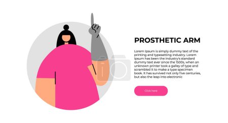 Téléchargez les illustrations : Des prothèses. Avatar d'une femme avec un bras prothétique pointant un doigt vers le haut sur une bannière pour une utilisation dans la conception de site Web. Illustration style plat. - en licence libre de droit