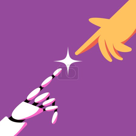 Illustration for The Ai Robot hand touches the human hand. The concept of artificial intelligence and human work. Flat vector illustration. - Royalty Free Image