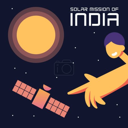 Ilustración de La nave espacial cohete se dirige hacia Aditya. Un indio señala con el dedo al satélite que va hacia el Sol. Misión espacial india. Ilustración vectorial plana. - Imagen libre de derechos