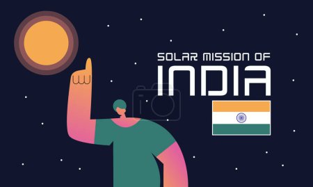 Ilustración de La nave espacial cohete se dirige hacia Aditya. El indio señala con el dedo al Sol. Misión espacial india. Ilustración vectorial plana de banner con bandera india. - Imagen libre de derechos