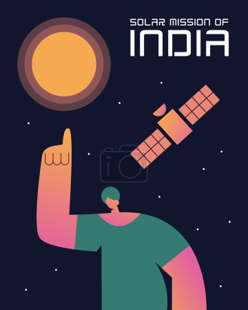 Ilustración de La nave espacial cohete se dirige hacia Aditya. El indio señala con el dedo al Sol. Misión espacial india. Ilustración vectorial plana. - Imagen libre de derechos